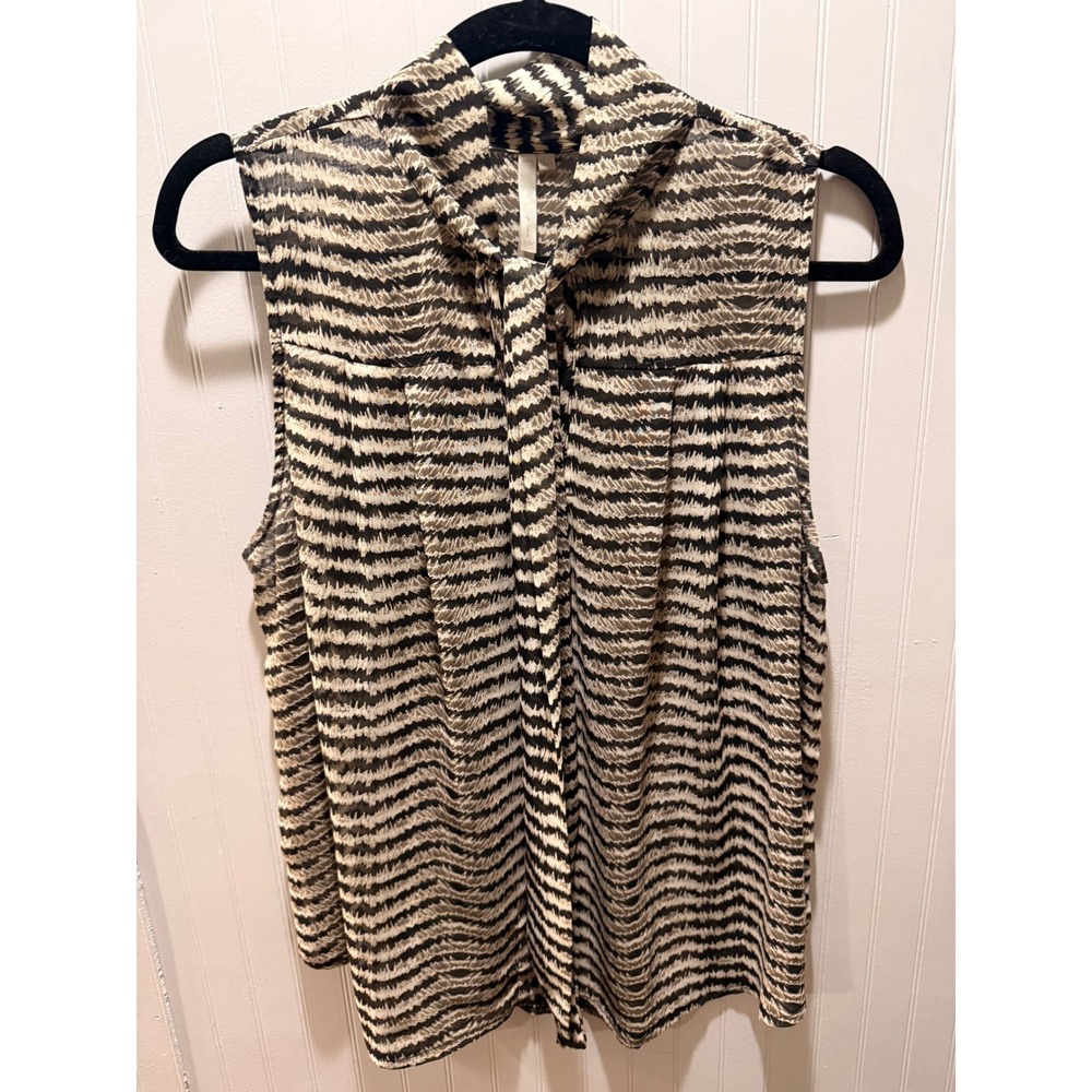 Mona B Women Sleeveless Tie Neck Blouse Abstract Stripe Tan Black Size Large
